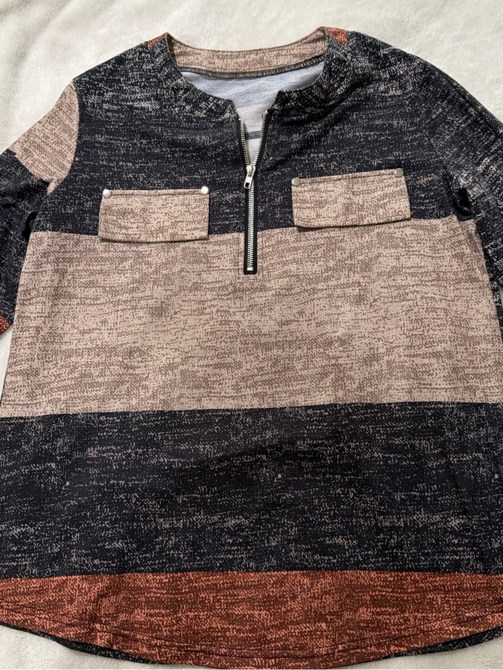 Striped Half-Zip Sweater in Black, Tan and Rust - Casual Layering Top